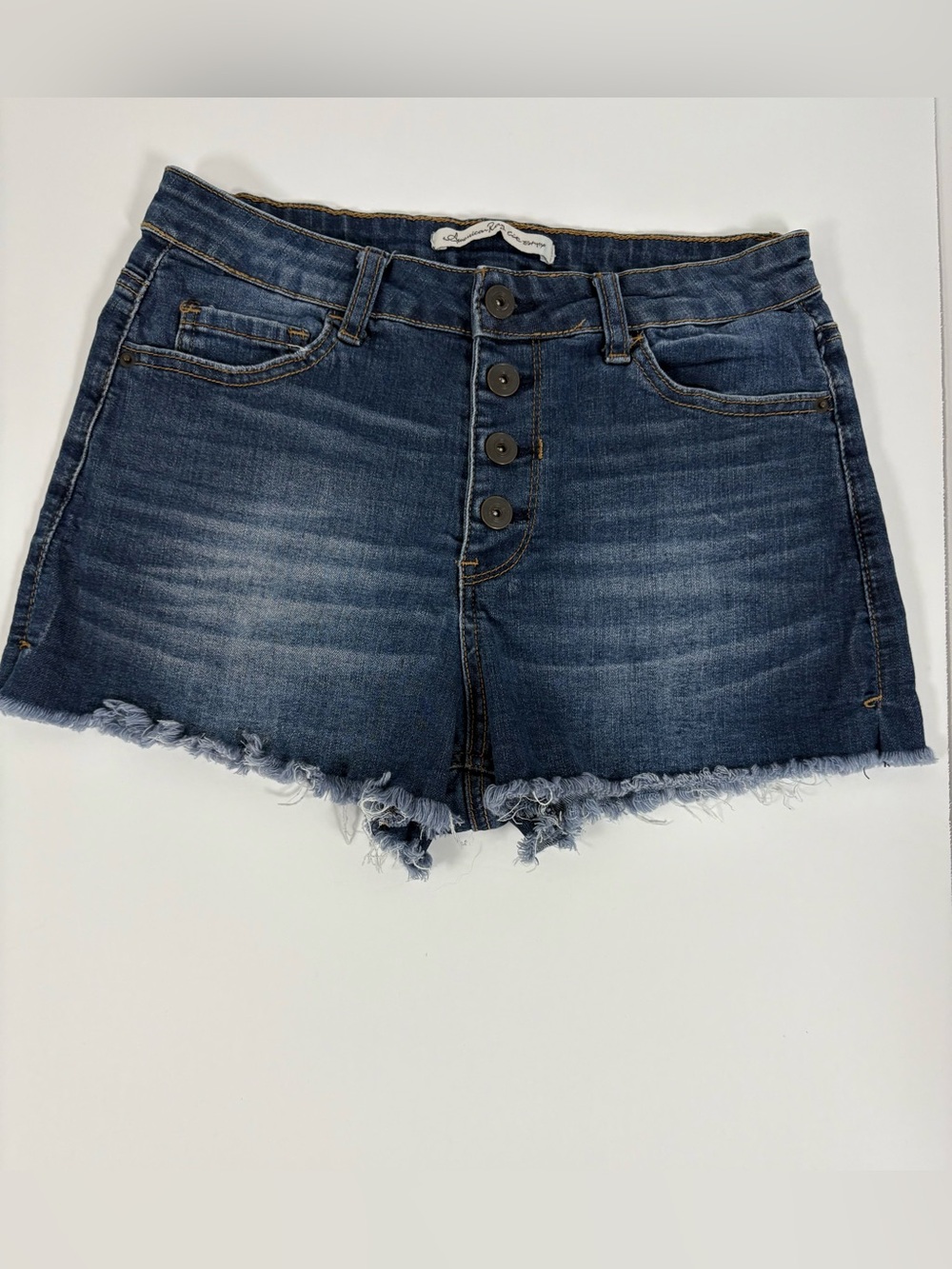 High-Rise Dark Blue Denim Women’s Shorts with Button Front